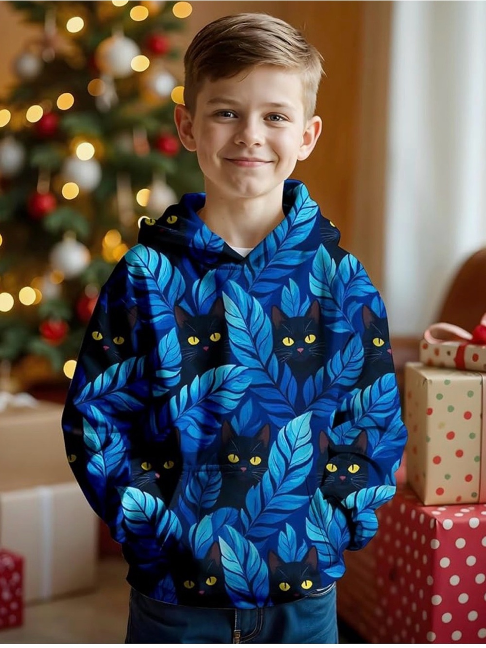Vibrant Blue 3D Cat & Leaf Print Unisex Kids Hoodie Size 140 (8-12Y) New!!! - Picture 3 of 7